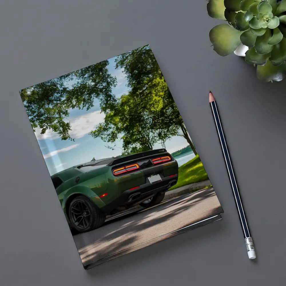 Dodge Challenger Green Parked Near Lake – Notebooks