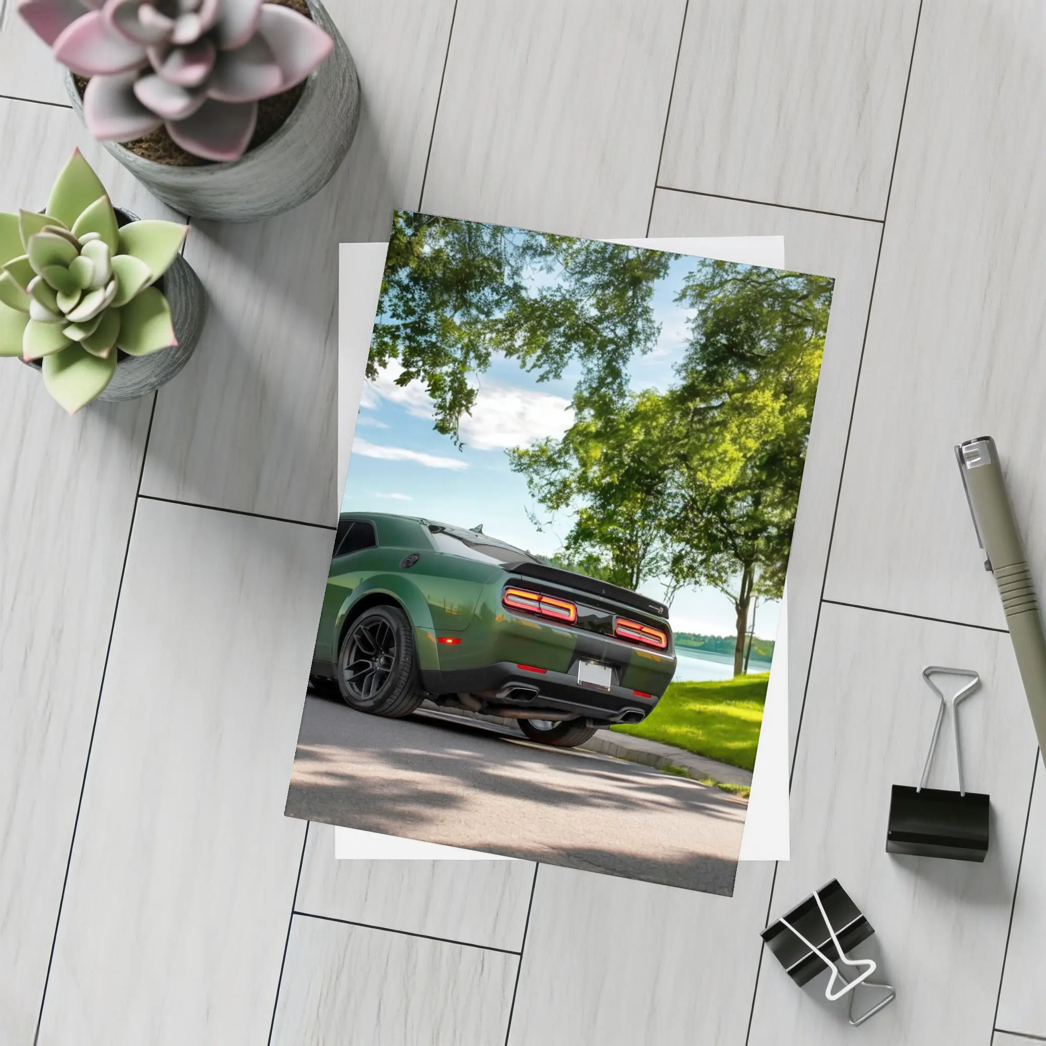 Dodge Challenger Green Parked Near Lake – Postcards