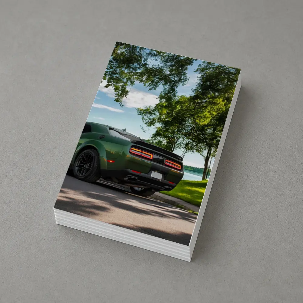 Dodge Challenger Green Parked Near Lake – Postcards