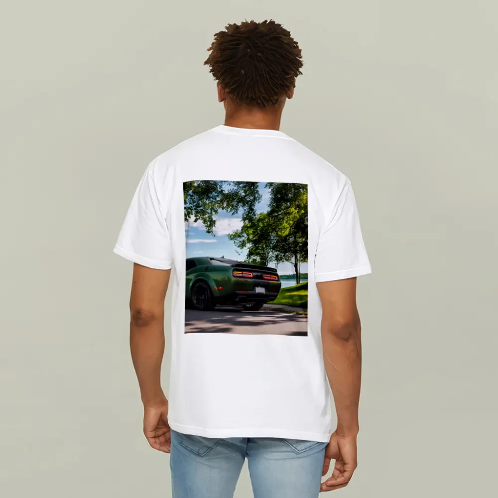 Dodge Challenger Green Parked Near Lake – T-Shirts