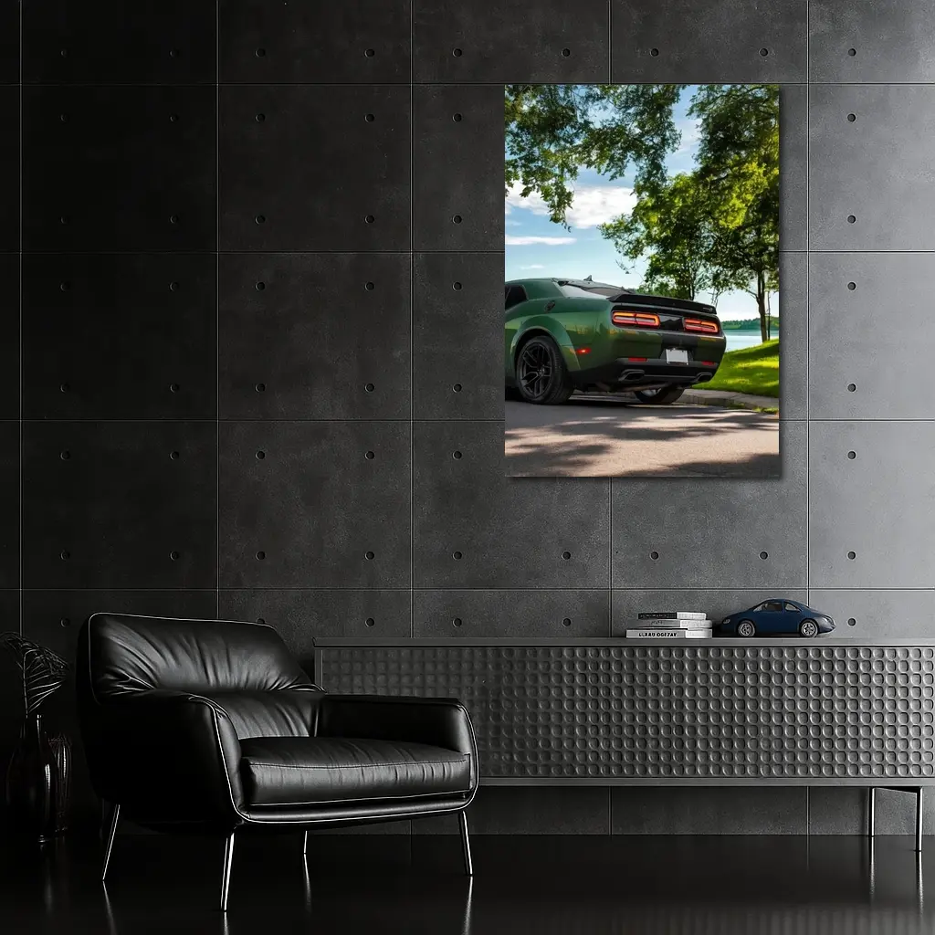 Dodge Challenger Green Parked Near Lake – Wall Art