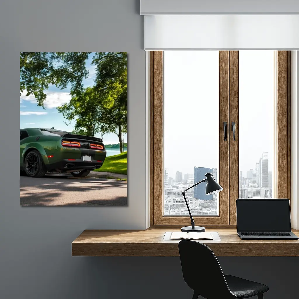 Dodge Challenger Green Parked Near Lake – Wall Art