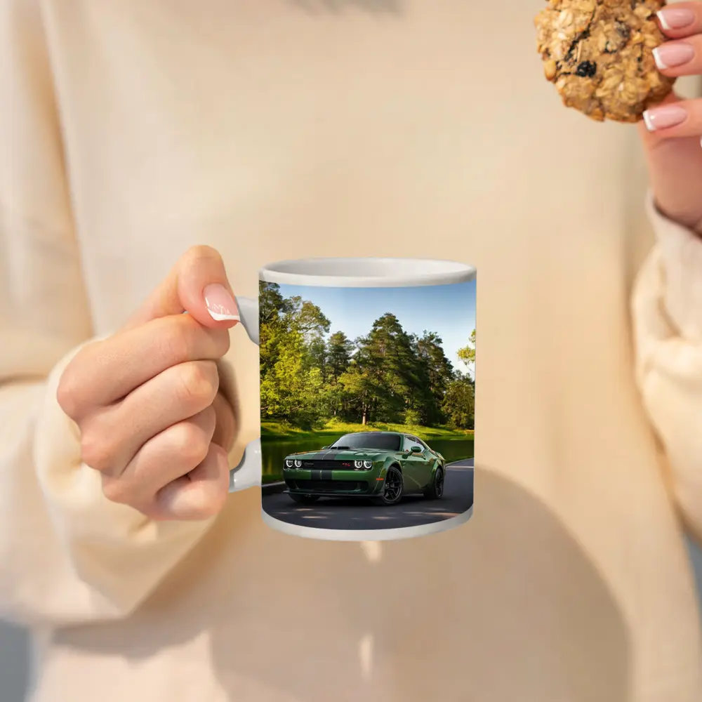 Dodge Challenger Green Muscle Car Park Setting – Mugs
