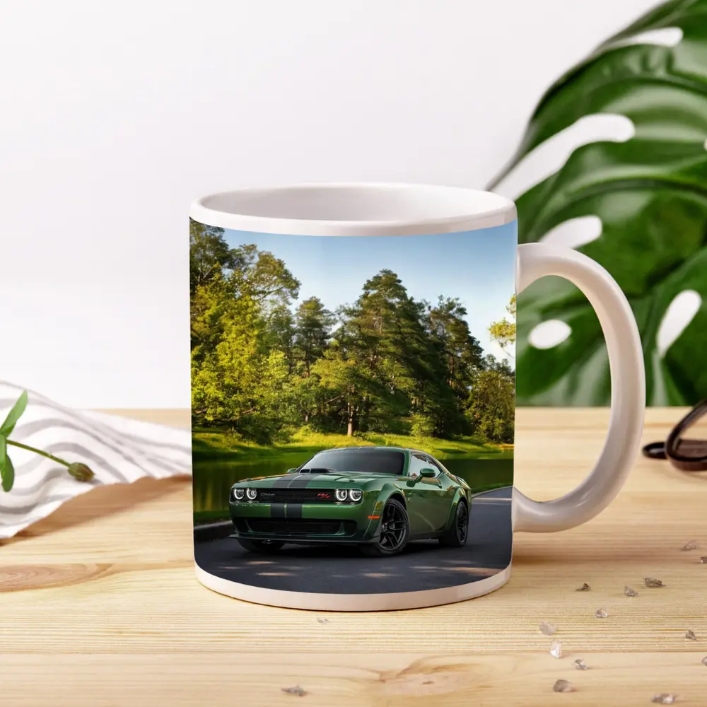 Dodge Challenger Green Muscle Car Park Setting – Mugs
