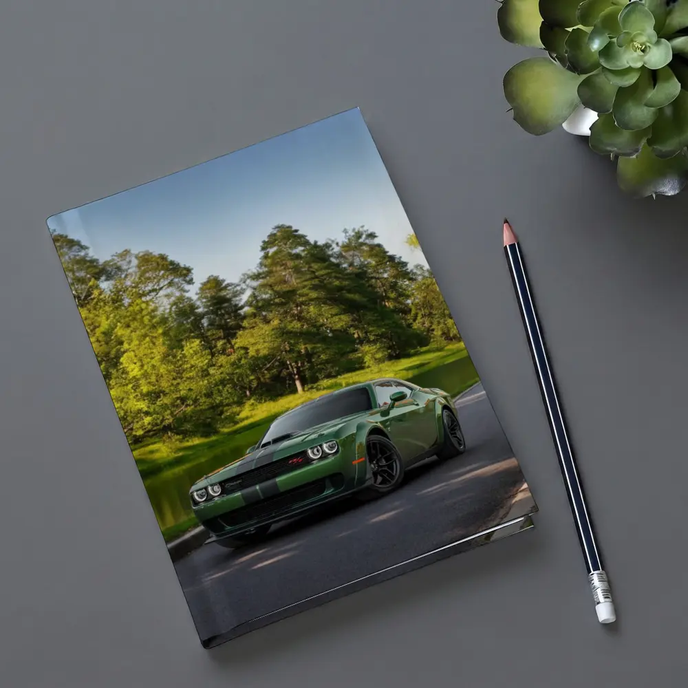 Dodge Challenger Green Muscle Car Park Setting – Notebooks