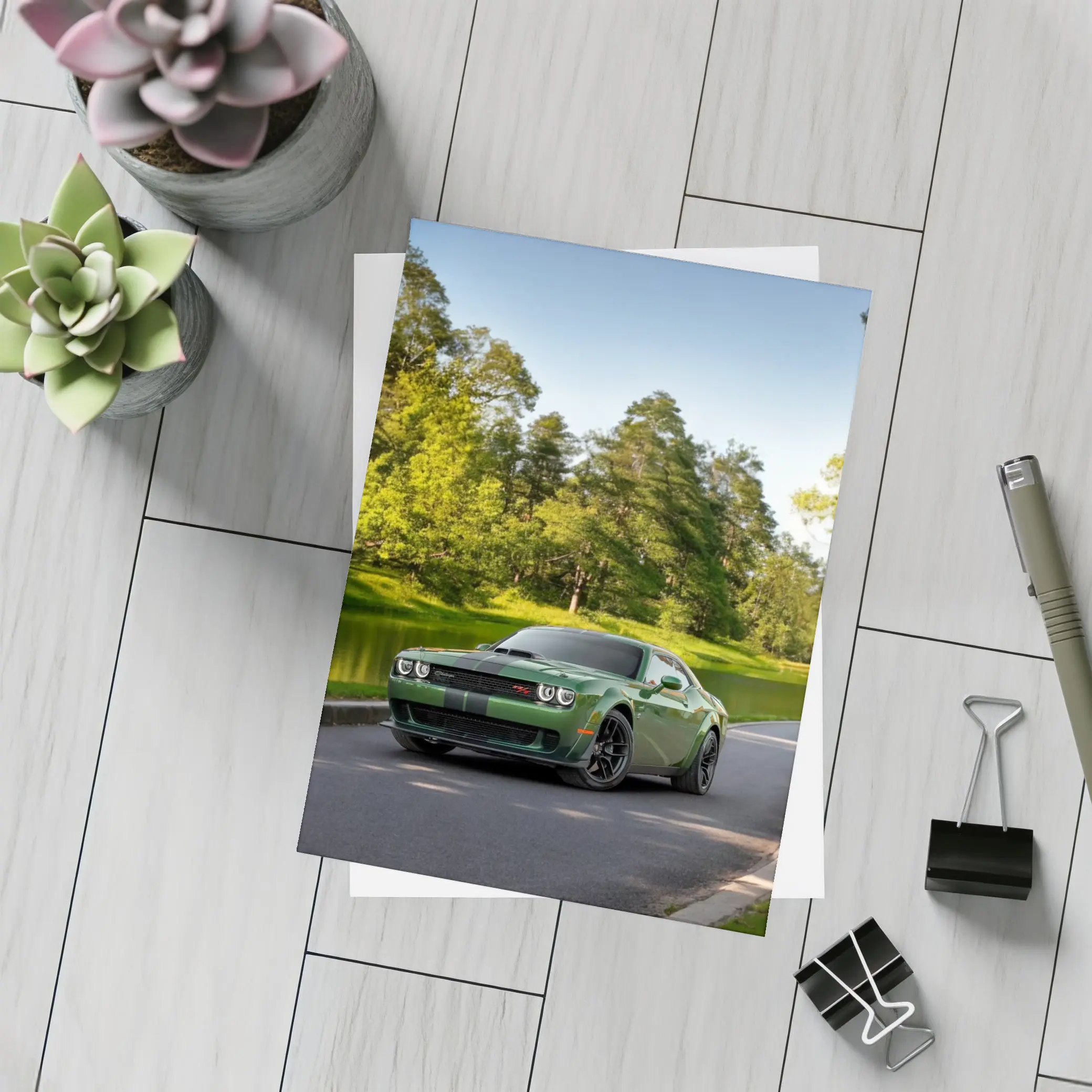 Dodge Challenger Green Muscle Car Park Setting – Postcards
