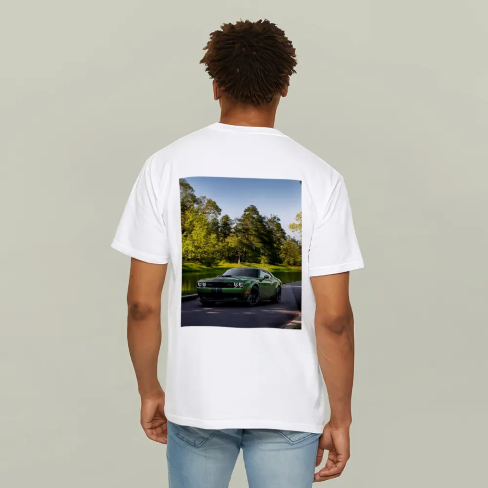 Dodge Challenger Green Muscle Car Park Setting – T-Shirts