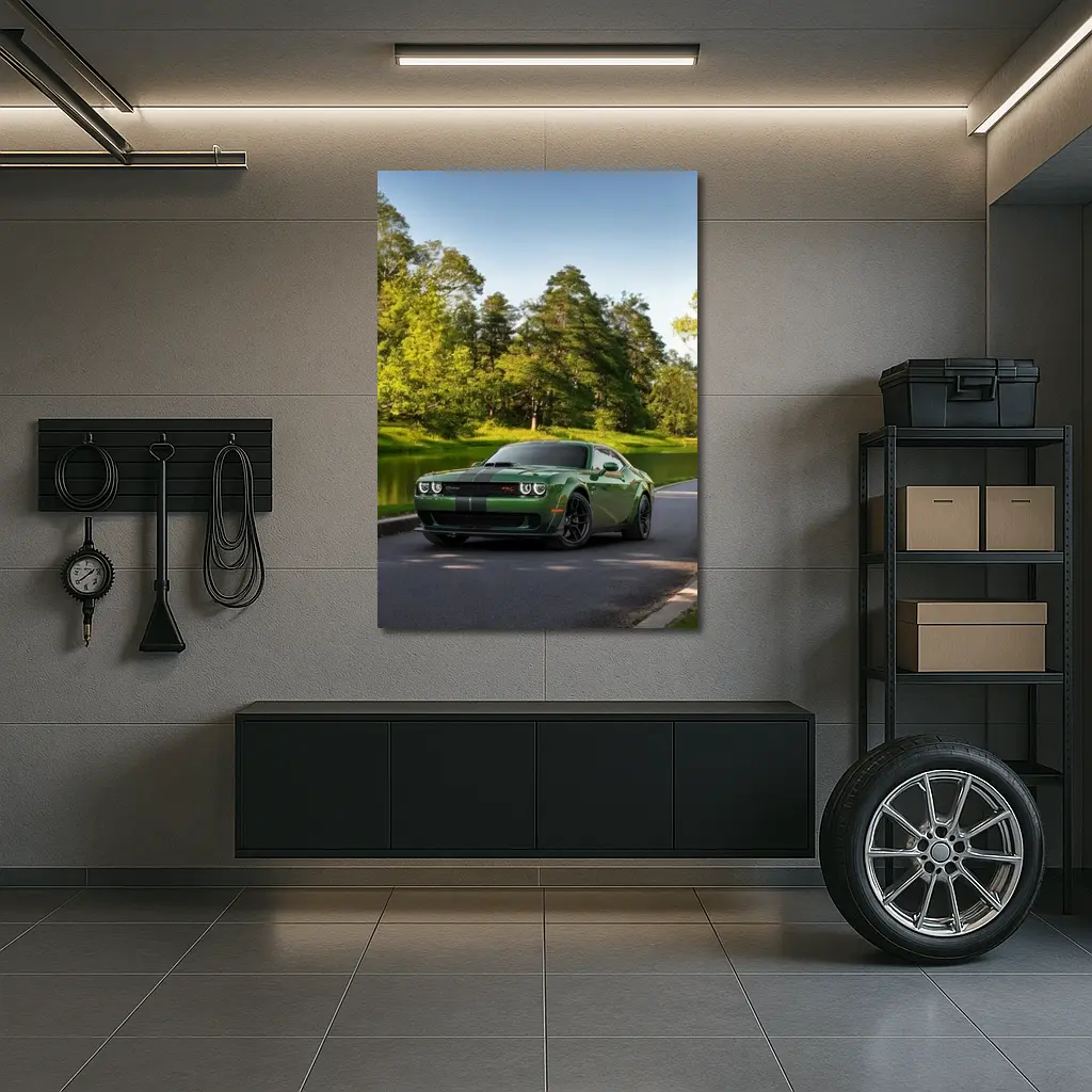 Dodge Challenger Green Muscle Car Park Setting – Wall Art