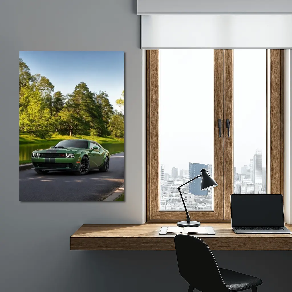Dodge Challenger Green Muscle Car Park Setting – Wall Art