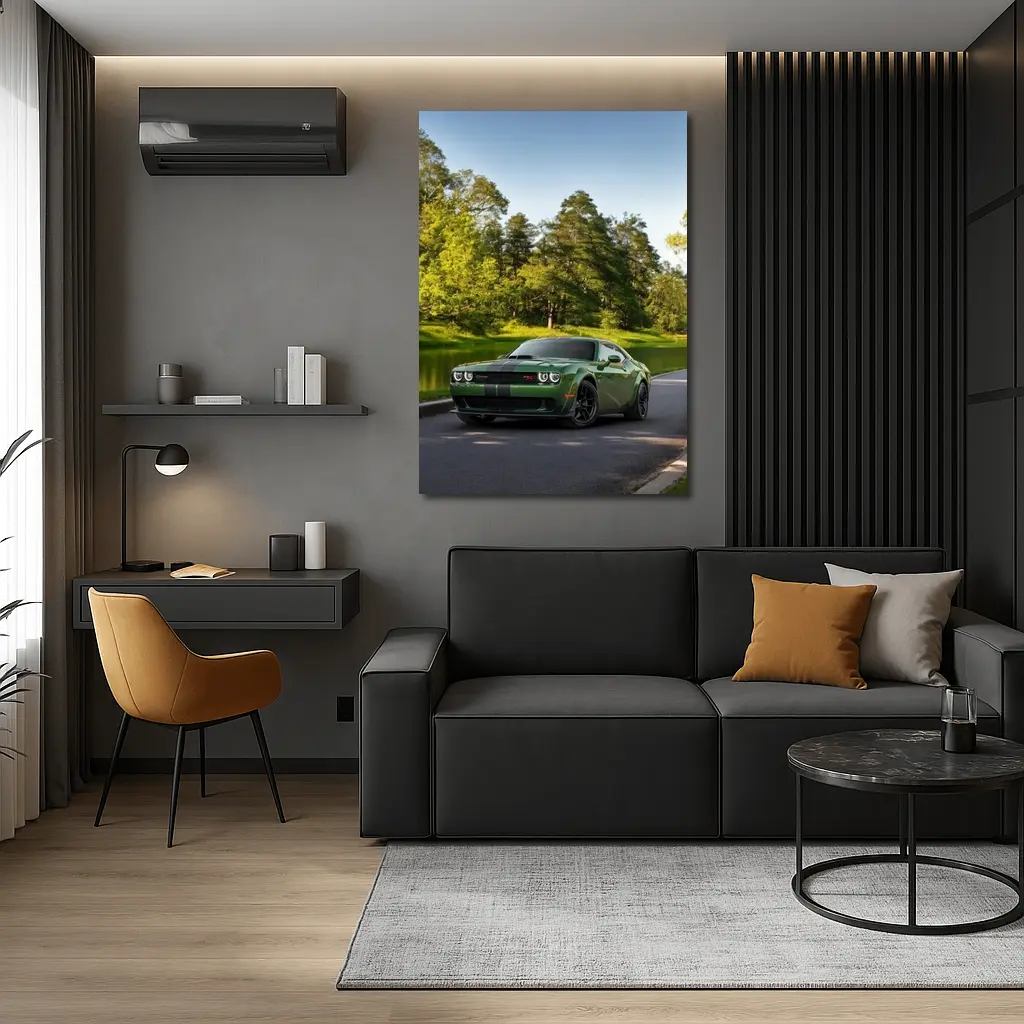 Dodge Challenger Green Muscle Car Park Setting – Wall Art