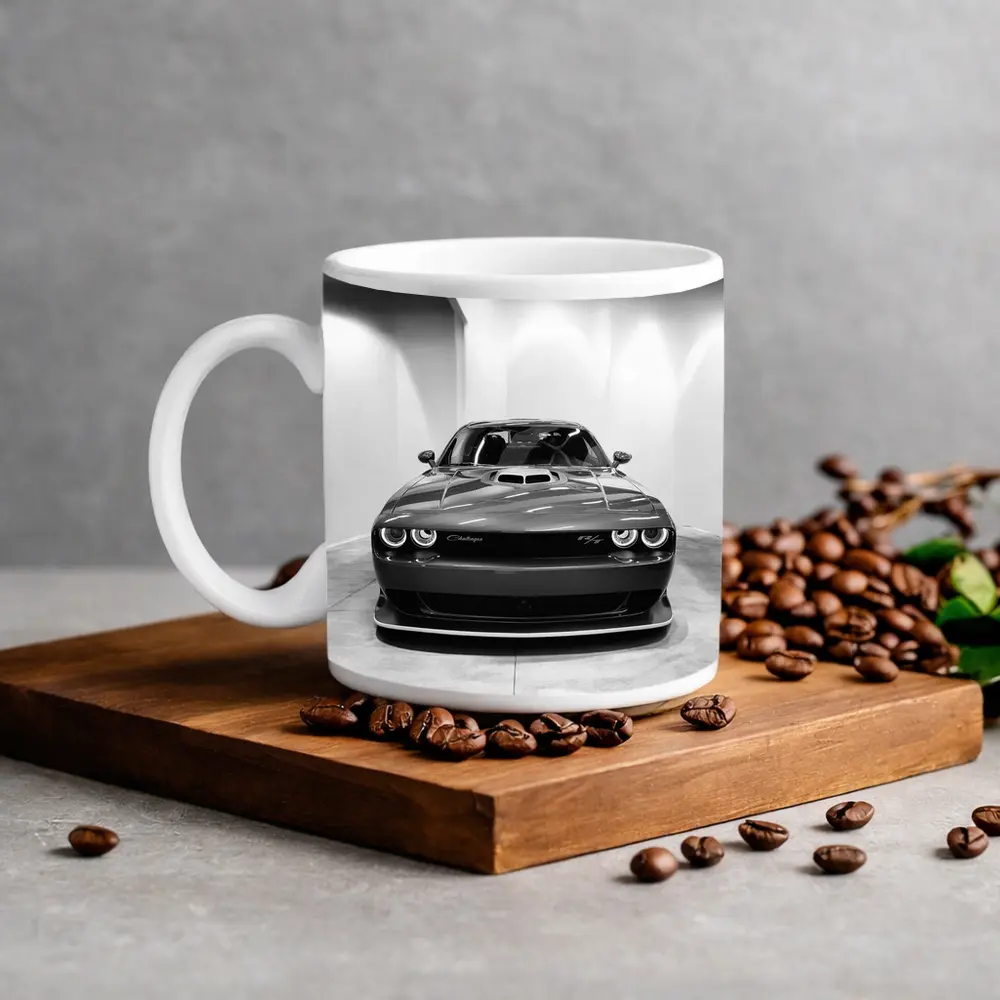 Dodge Challenger Front View Black White – Mugs