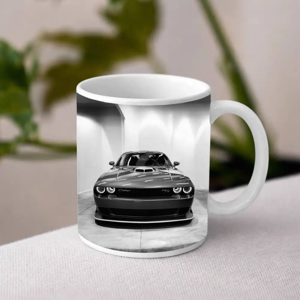 Dodge Challenger Front View Black White – Mugs
