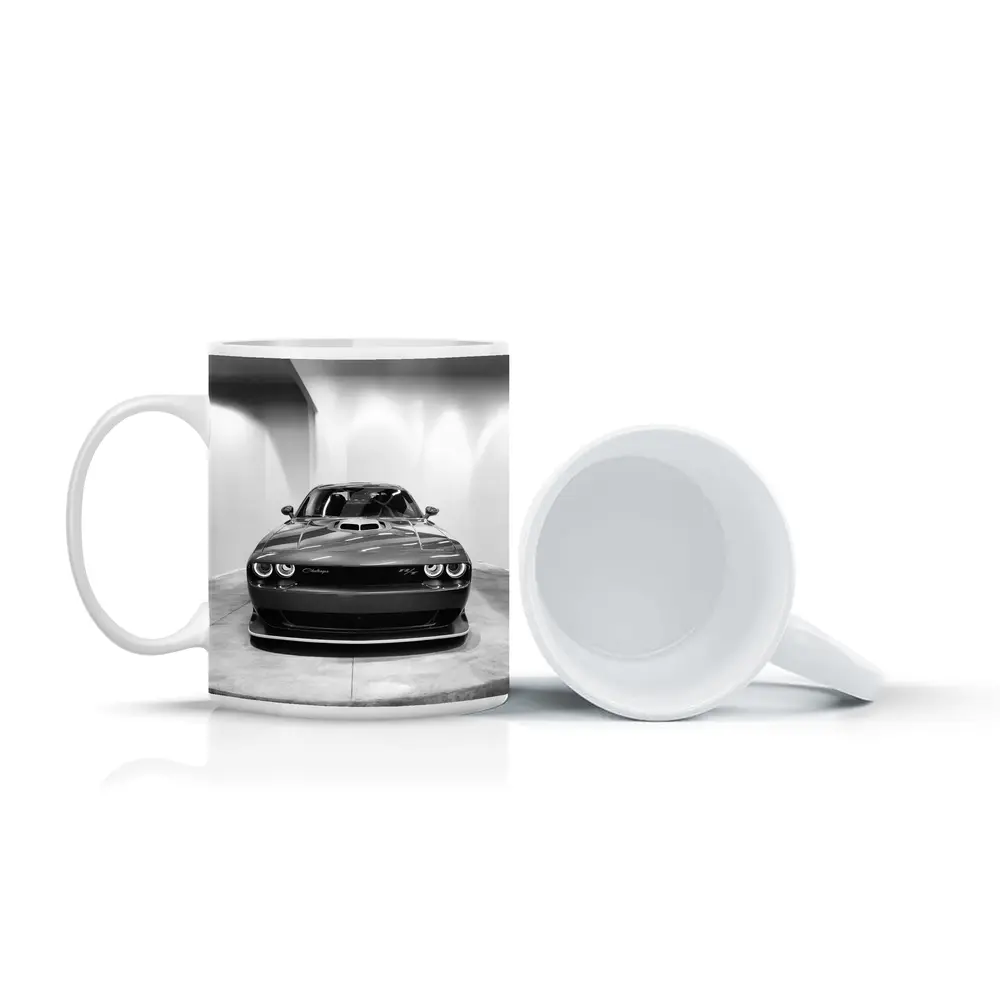 Dodge Challenger Front View Black White – Mugs