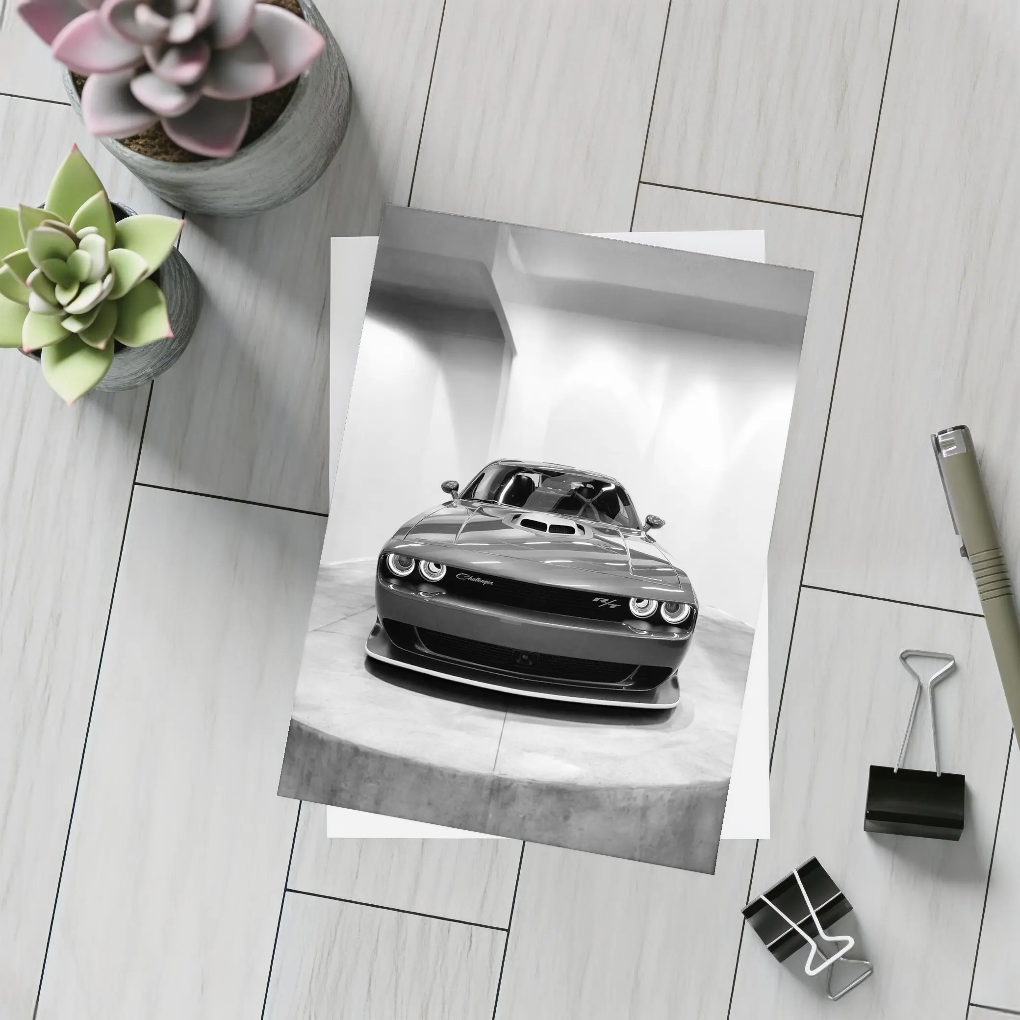 Dodge Challenger Front View Black White – Postcards