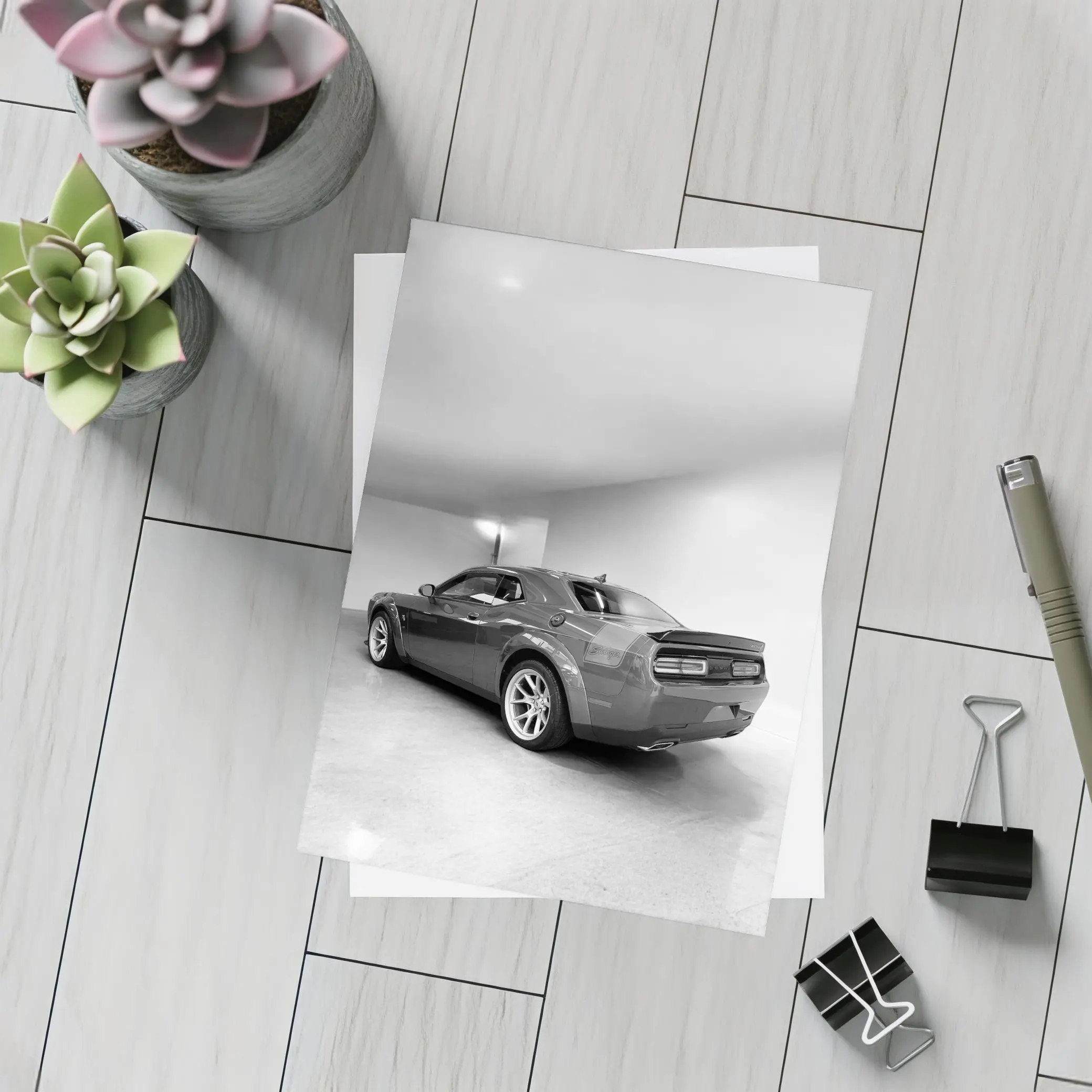 Dodge Challenger Gray Rear Garage Shot – Postcards
