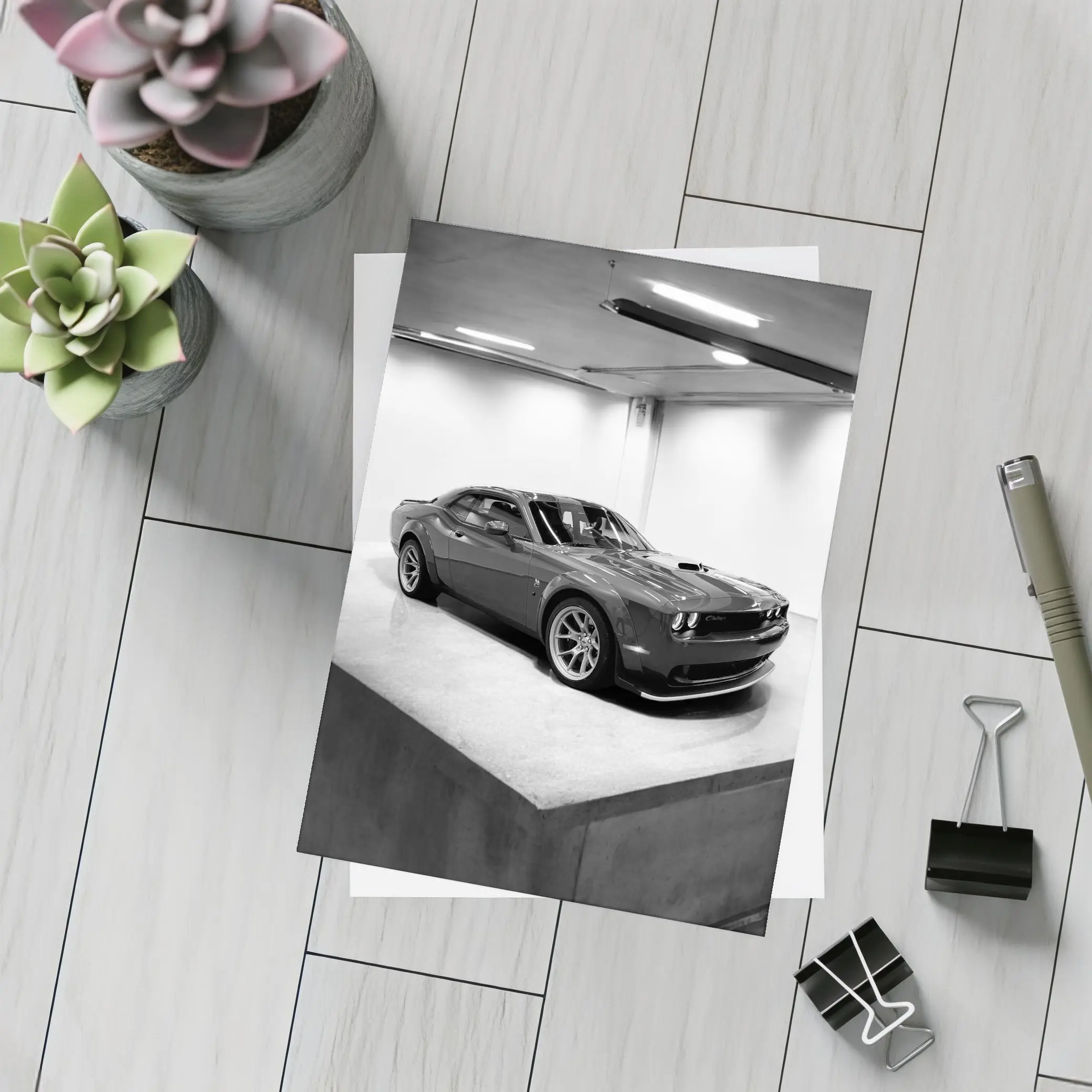 Dodge Challenger Gray Parked Indoor Garage – Postcards