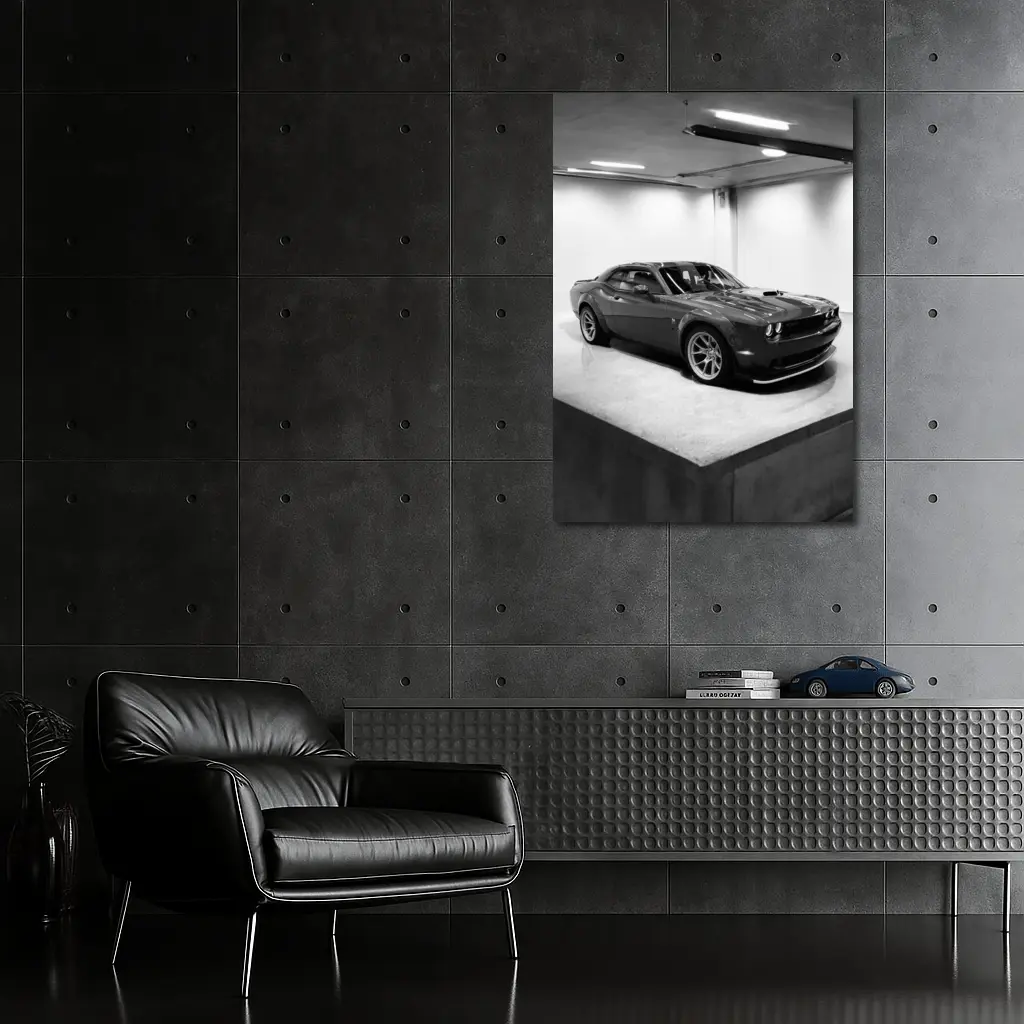 Dodge Challenger Gray Parked Indoor Garage – Wall Art