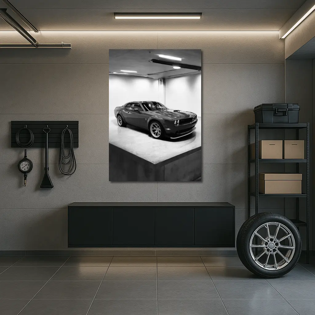 Dodge Challenger Gray Parked Indoor Garage – Wall Art