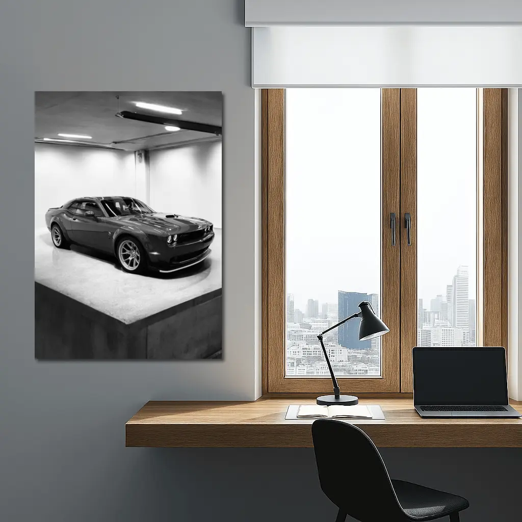 Dodge Challenger Gray Parked Indoor Garage – Wall Art