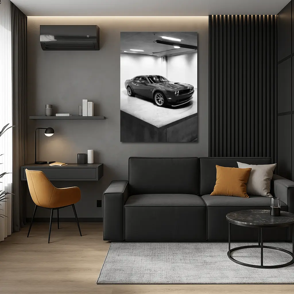 Dodge Challenger Gray Parked Indoor Garage – Wall Art