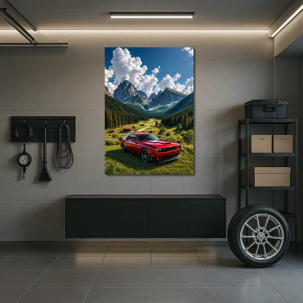 Dodge Challenger Red Muscle Car Mountain Valley – Wall Art