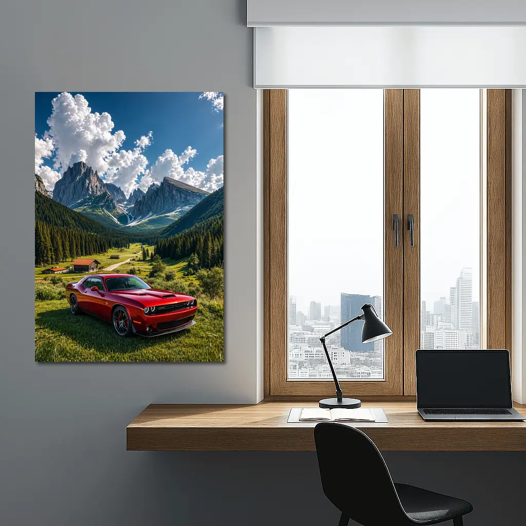 Dodge Challenger Red Muscle Car Mountain Valley – Wall Art