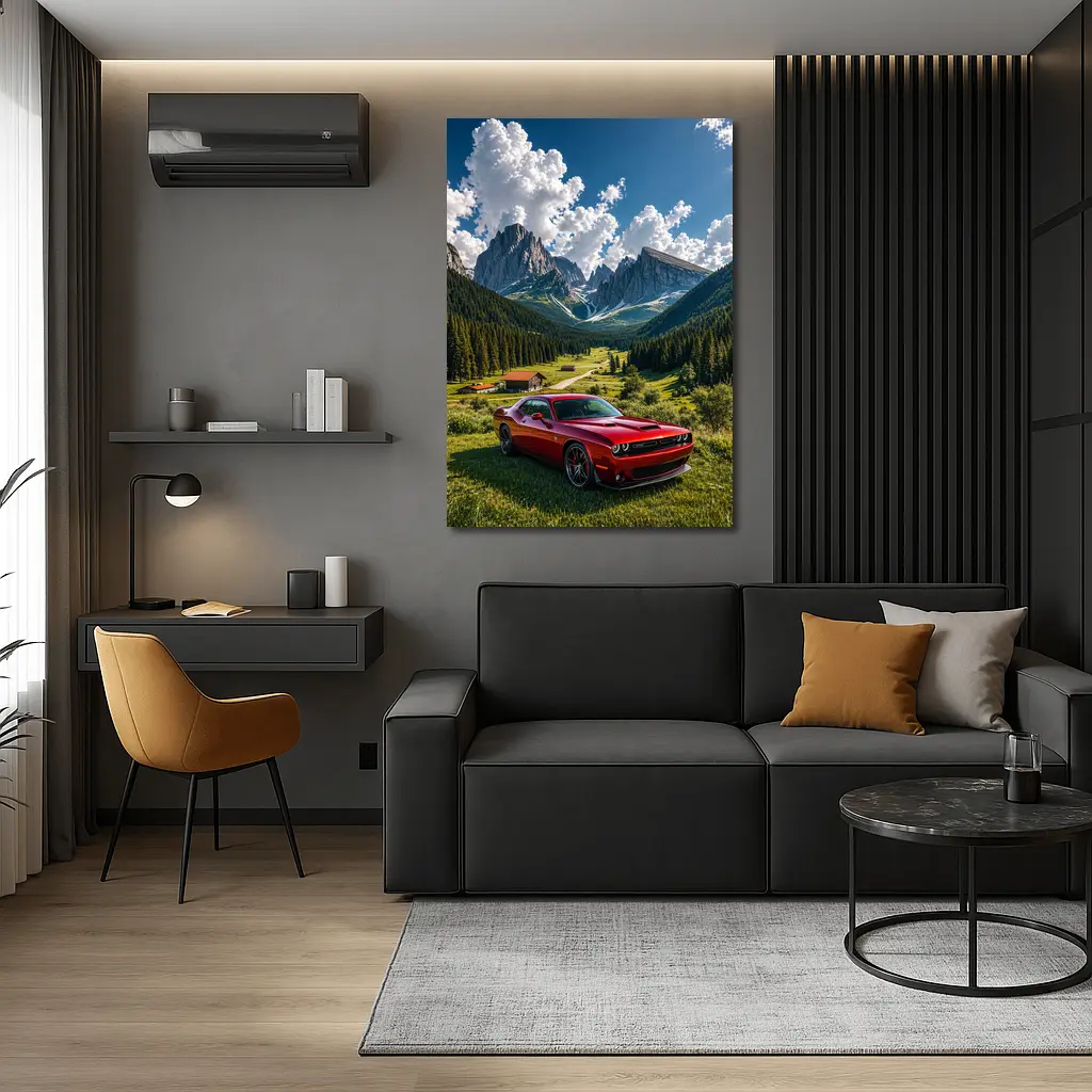 Dodge Challenger Red Muscle Car Mountain Valley – Wall Art