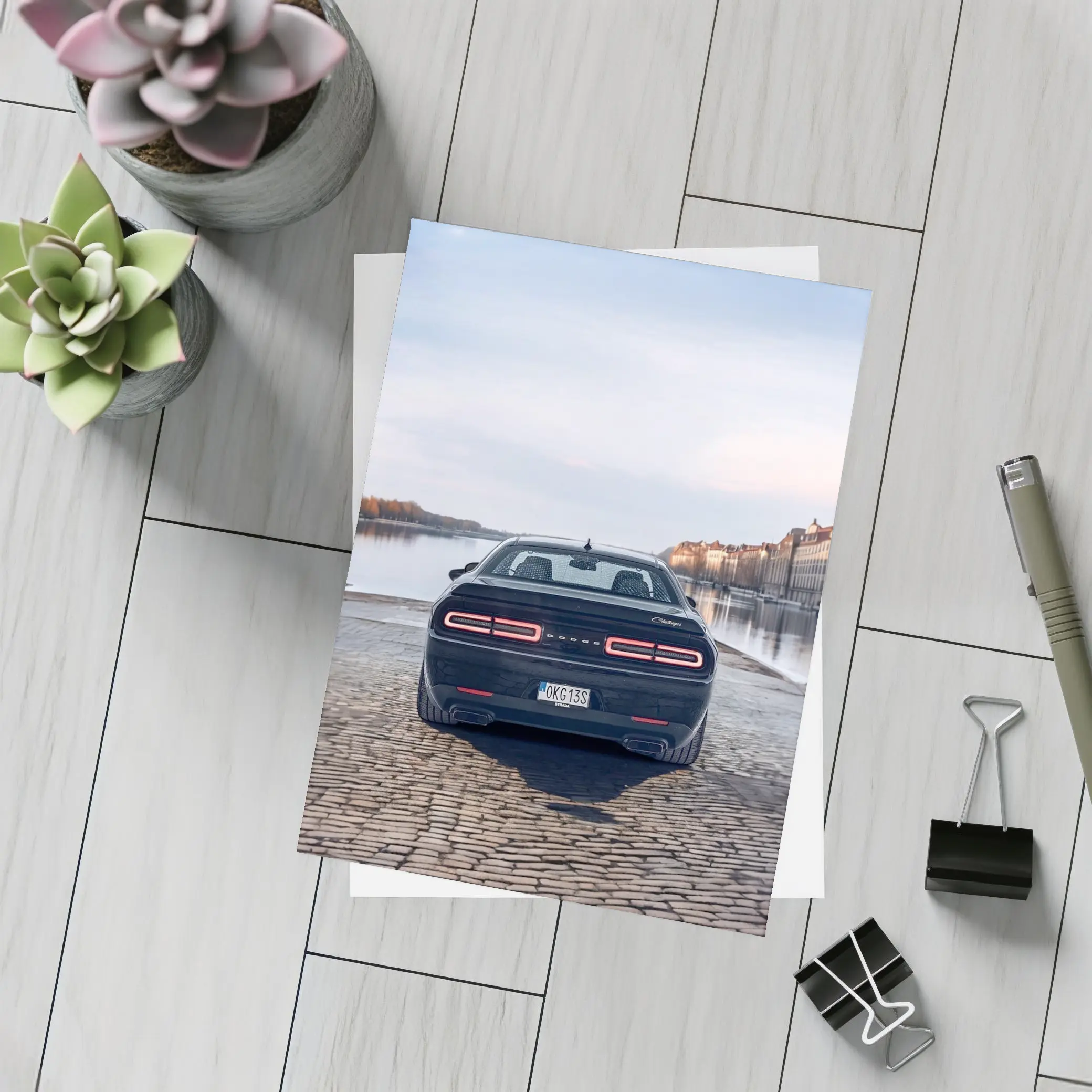 Dodge Challenger Rear View European Riverfront – Postcards