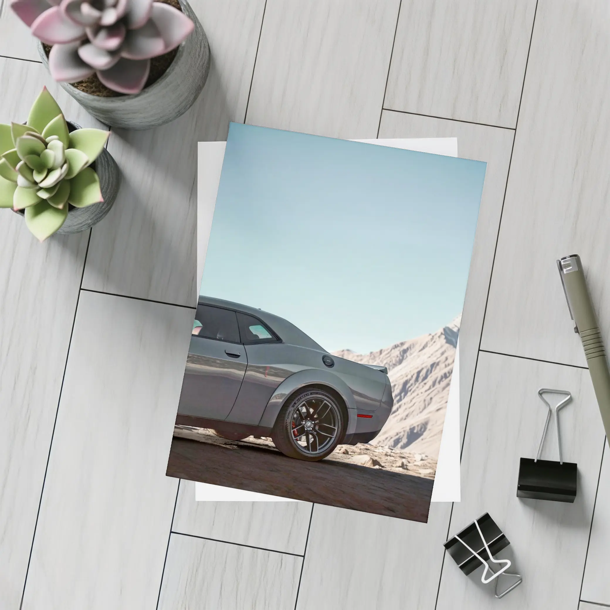 Dodge Challenger Gray Muscle Car Mountain Background – Postcards