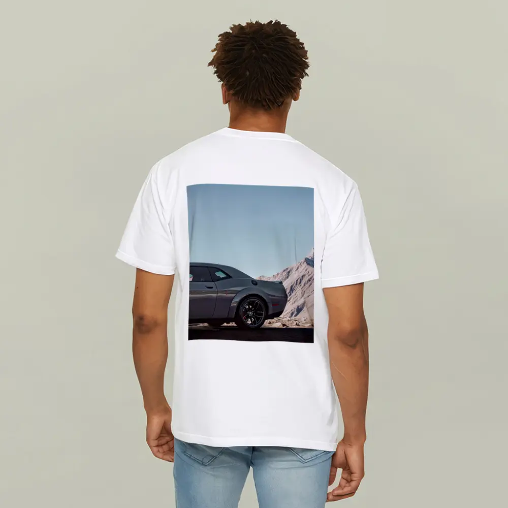 Dodge Challenger Gray Muscle Car Mountain Background – T-Shirts