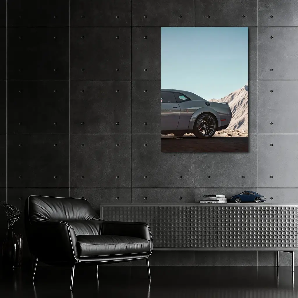 Dodge Challenger Gray Muscle Car Mountain Background – Wall Art