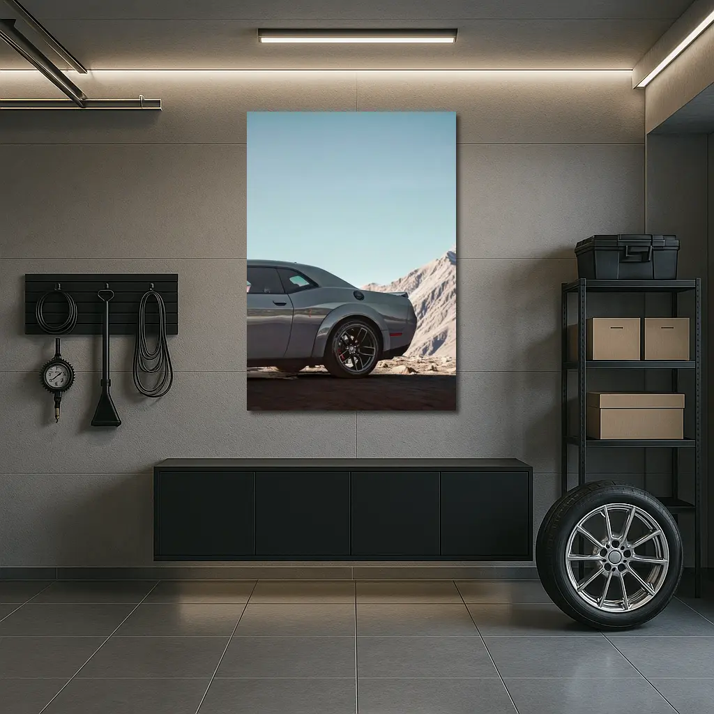 Dodge Challenger Gray Muscle Car Mountain Background – Wall Art