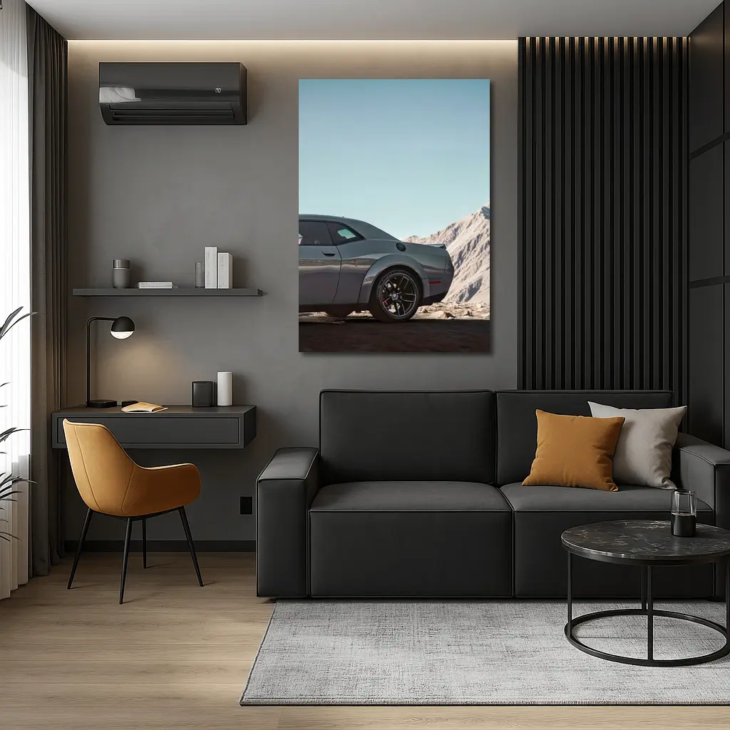 Dodge Challenger Gray Muscle Car Mountain Background – Wall Art