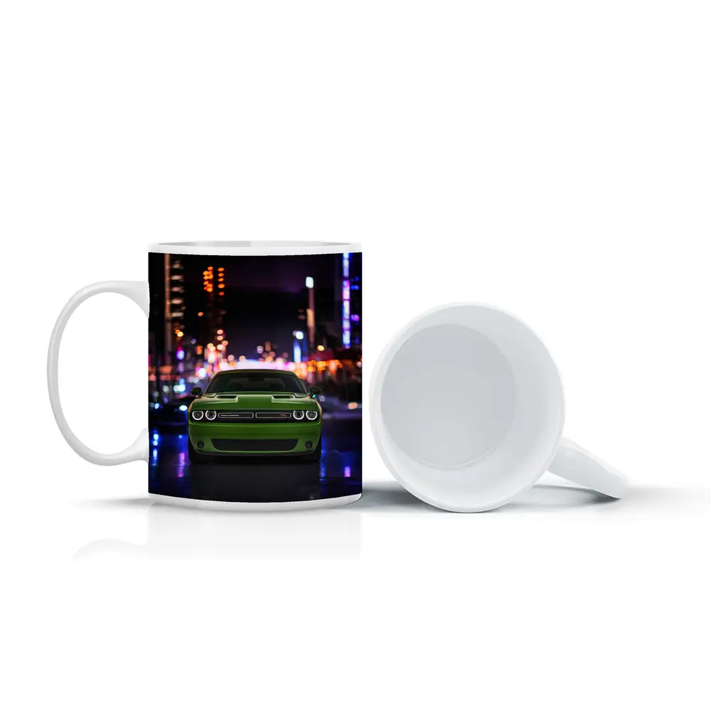 Dodge Challenger Green Front View Night City – Mugs