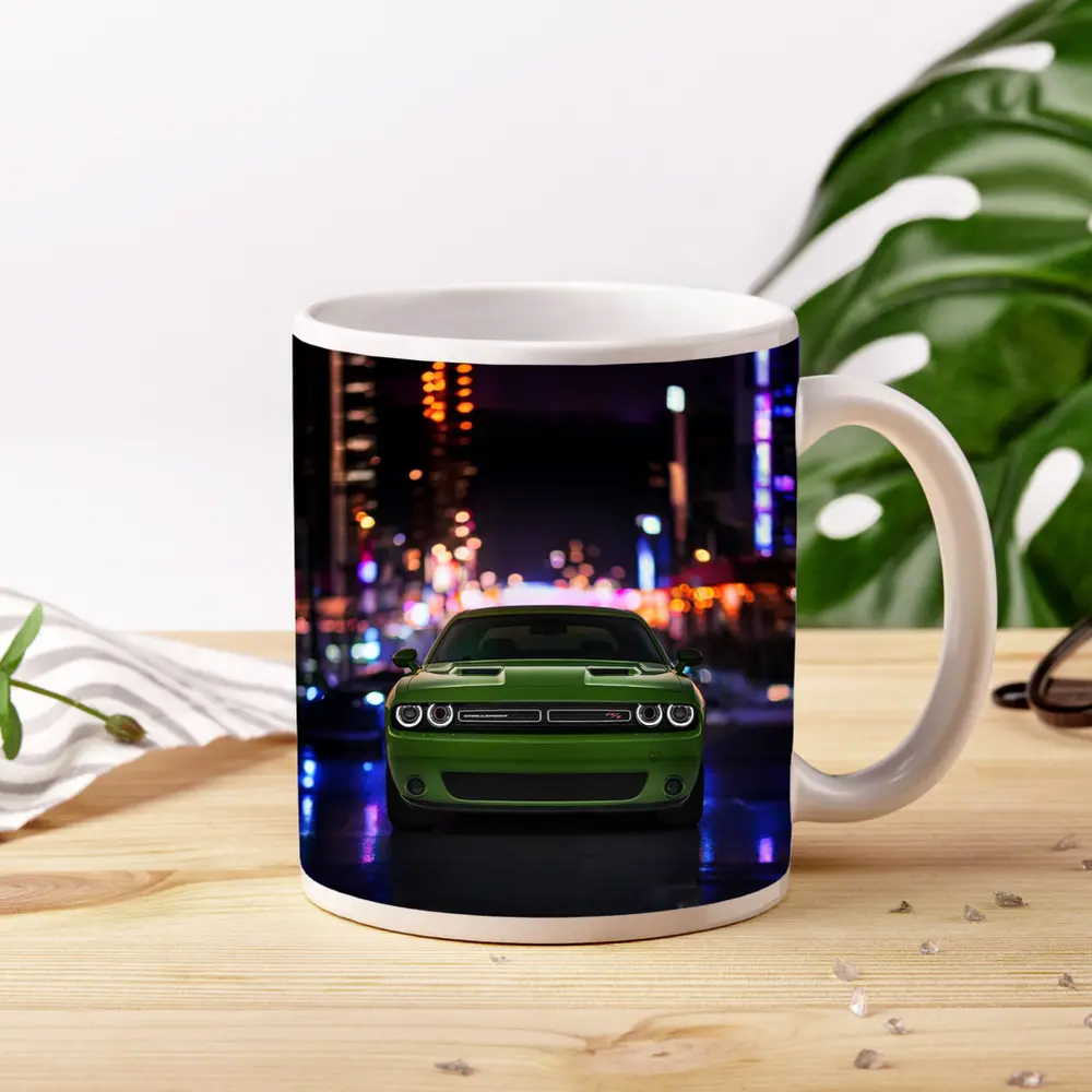 Dodge Challenger Green Front View Night City – Mugs