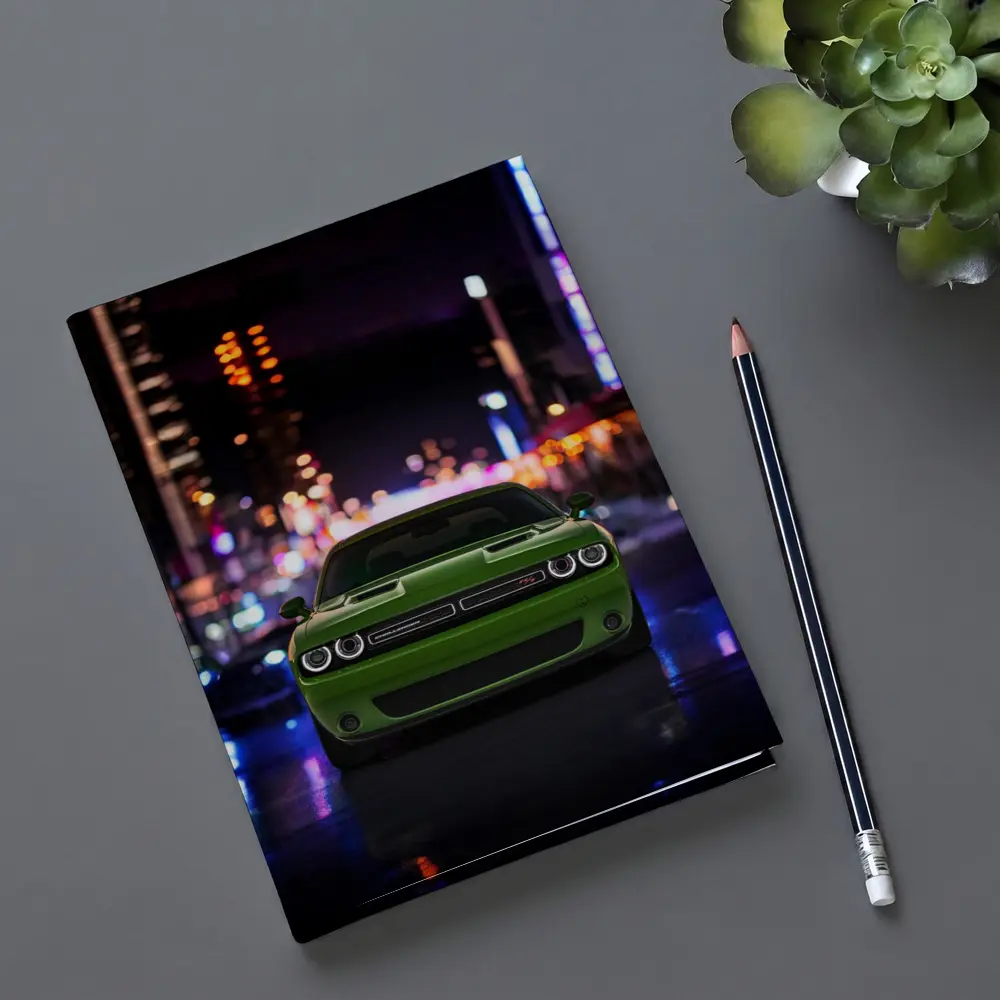 Dodge Challenger Green Front View Night City – Notebooks