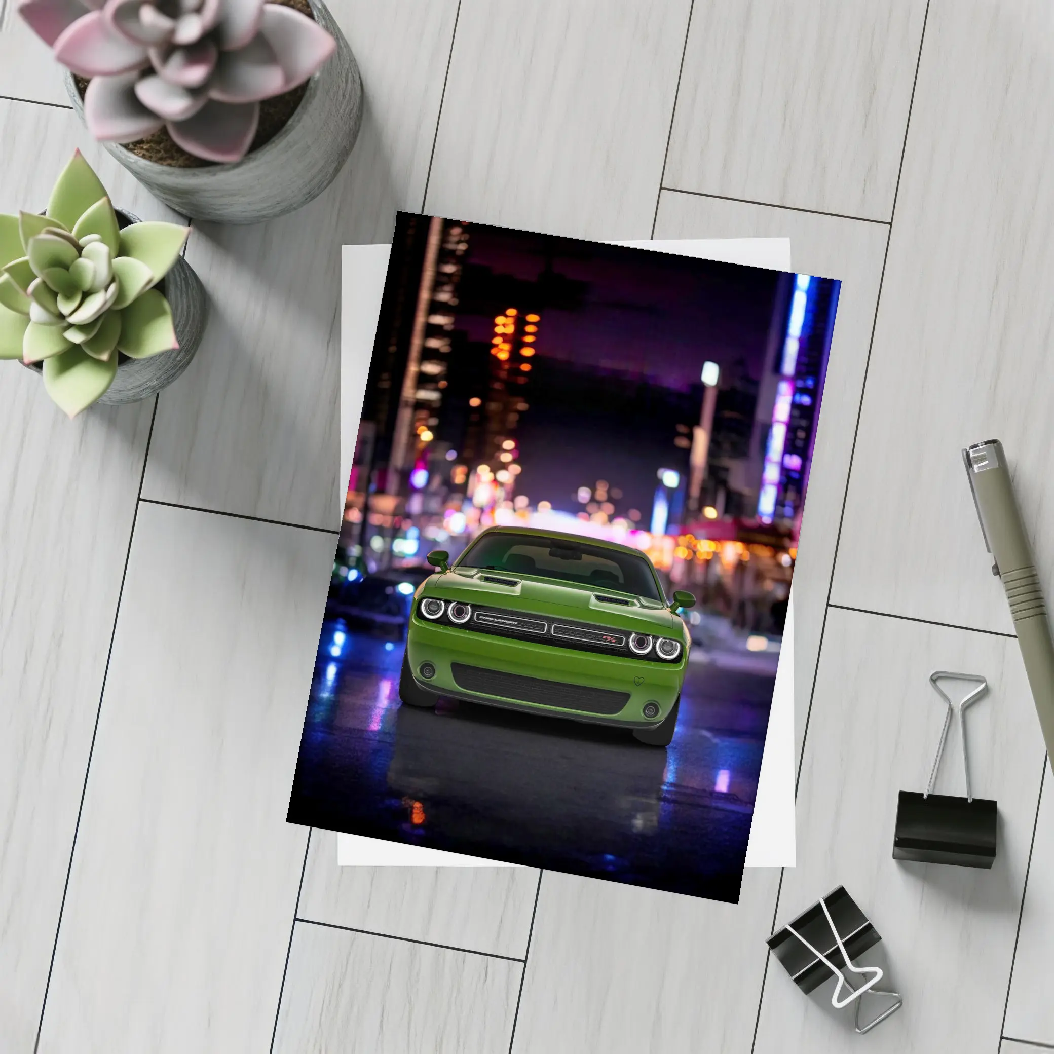 Dodge Challenger Green Front View Night City – Postcards