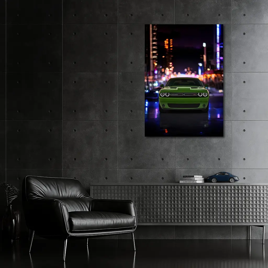 Dodge Challenger Green Front View Night City – Wall Art
