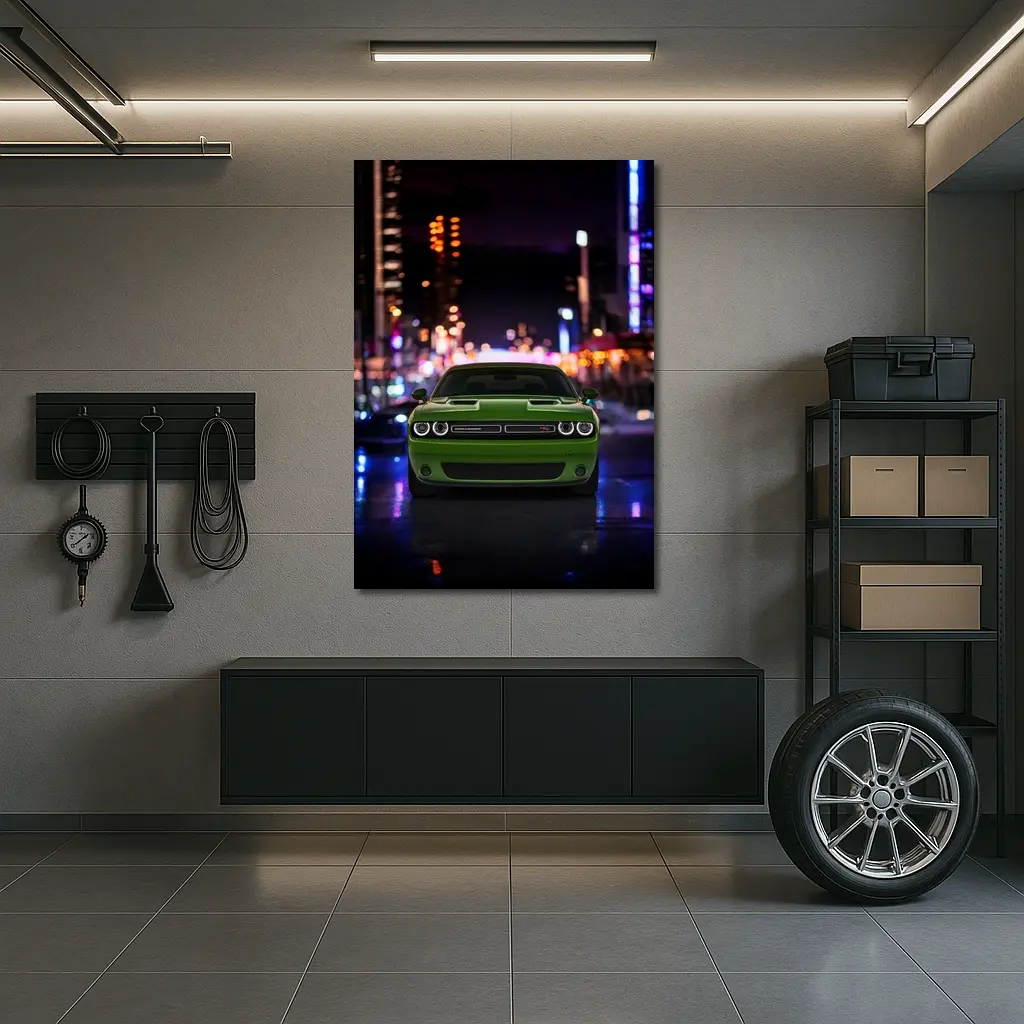Dodge Challenger Green Front View Night City – Wall Art