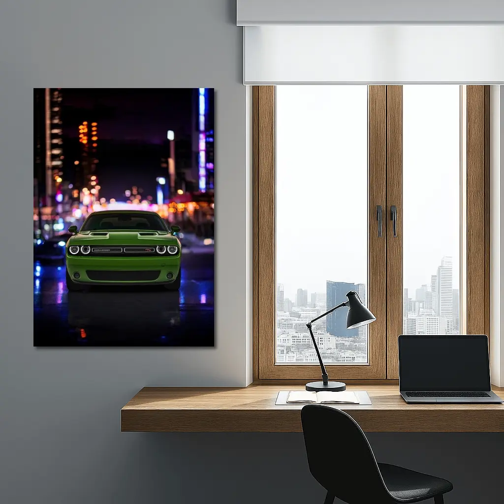 Dodge Challenger Green Front View Night City – Wall Art