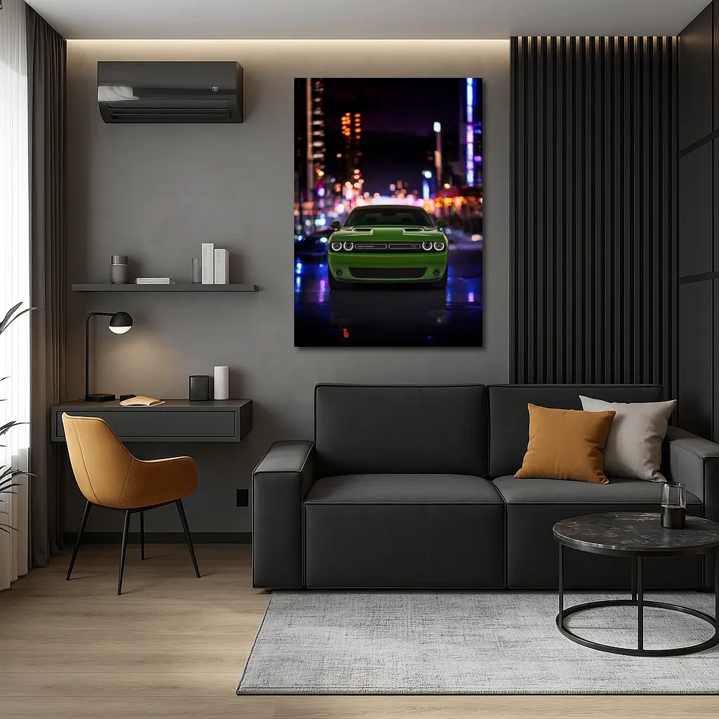Dodge Challenger Green Front View Night City – Wall Art