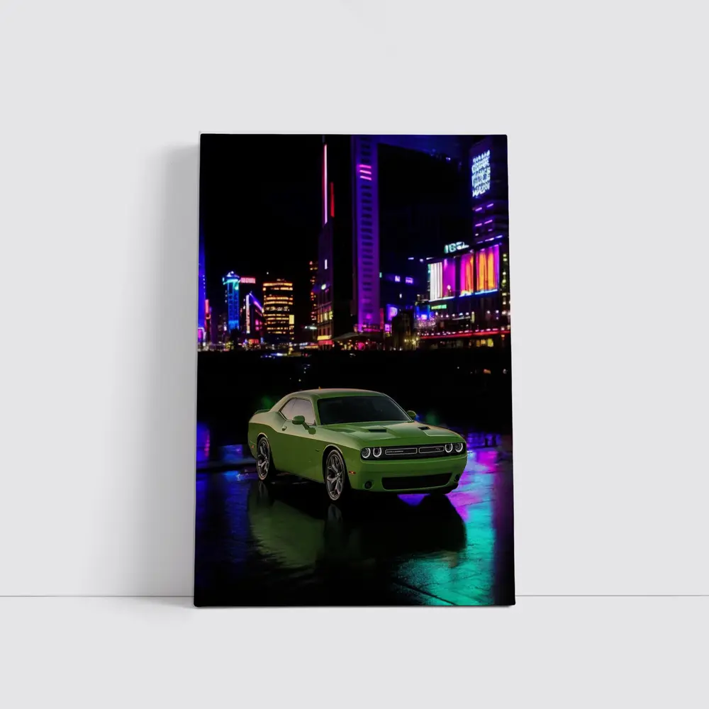 Dodge Challenger Green Neon Night City – Wall Art