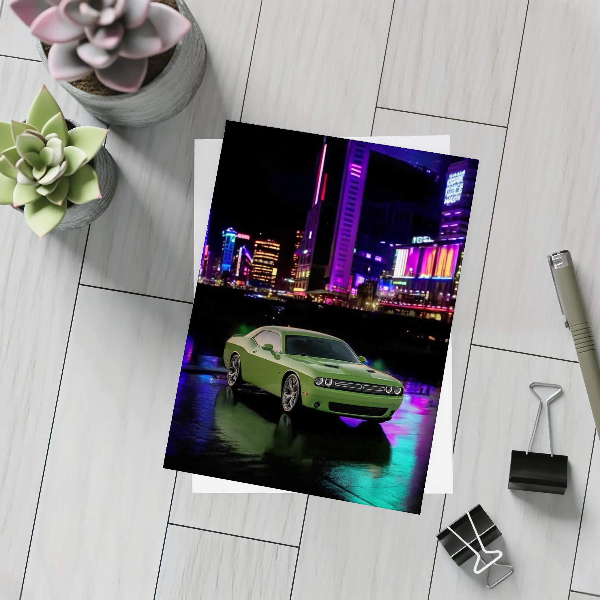 Dodge Challenger Green Neon Night City – Postcards