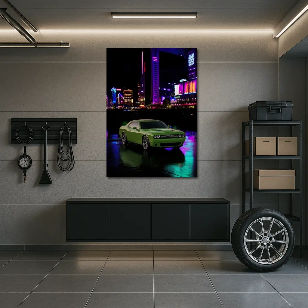 Dodge Challenger Green Neon Night City – Wall Art