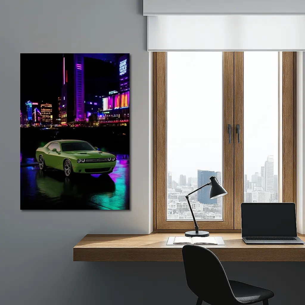 Dodge Challenger Green Neon Night City – Wall Art
