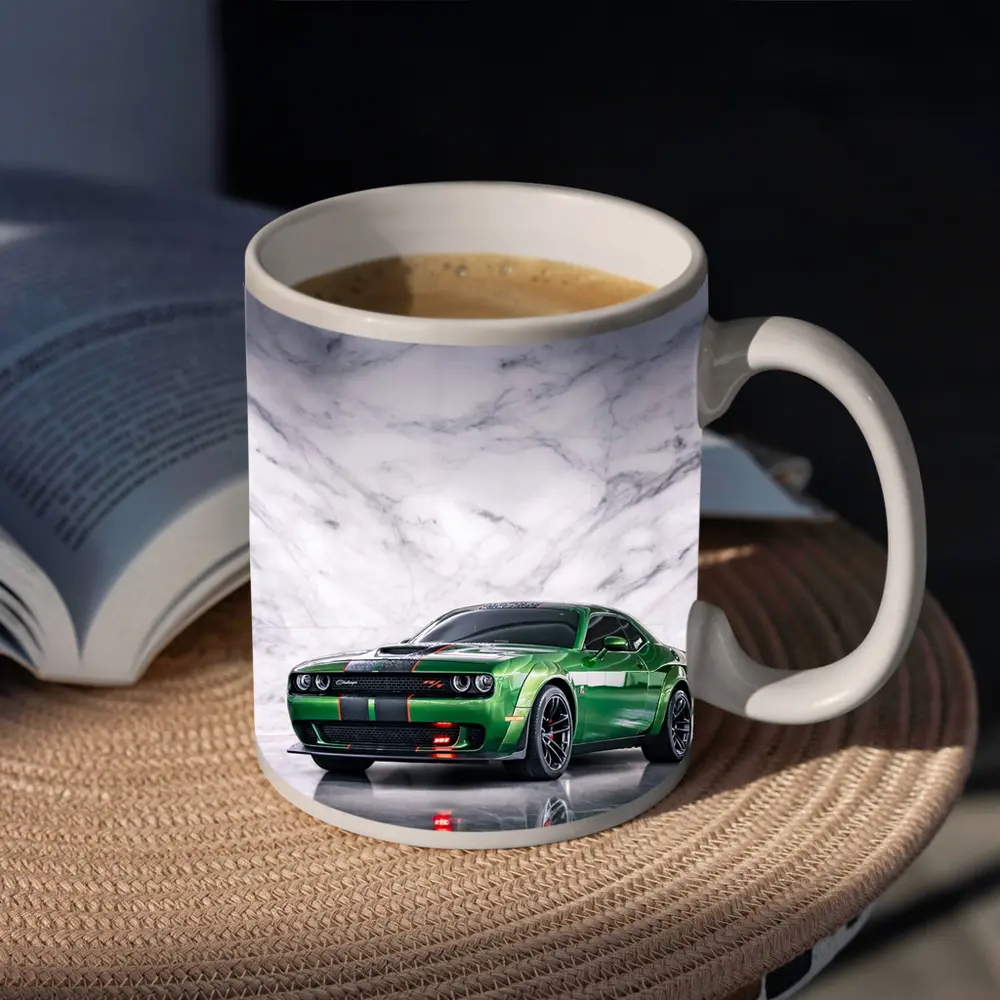 Dodge Challenger Green on Marble Background – Mugs