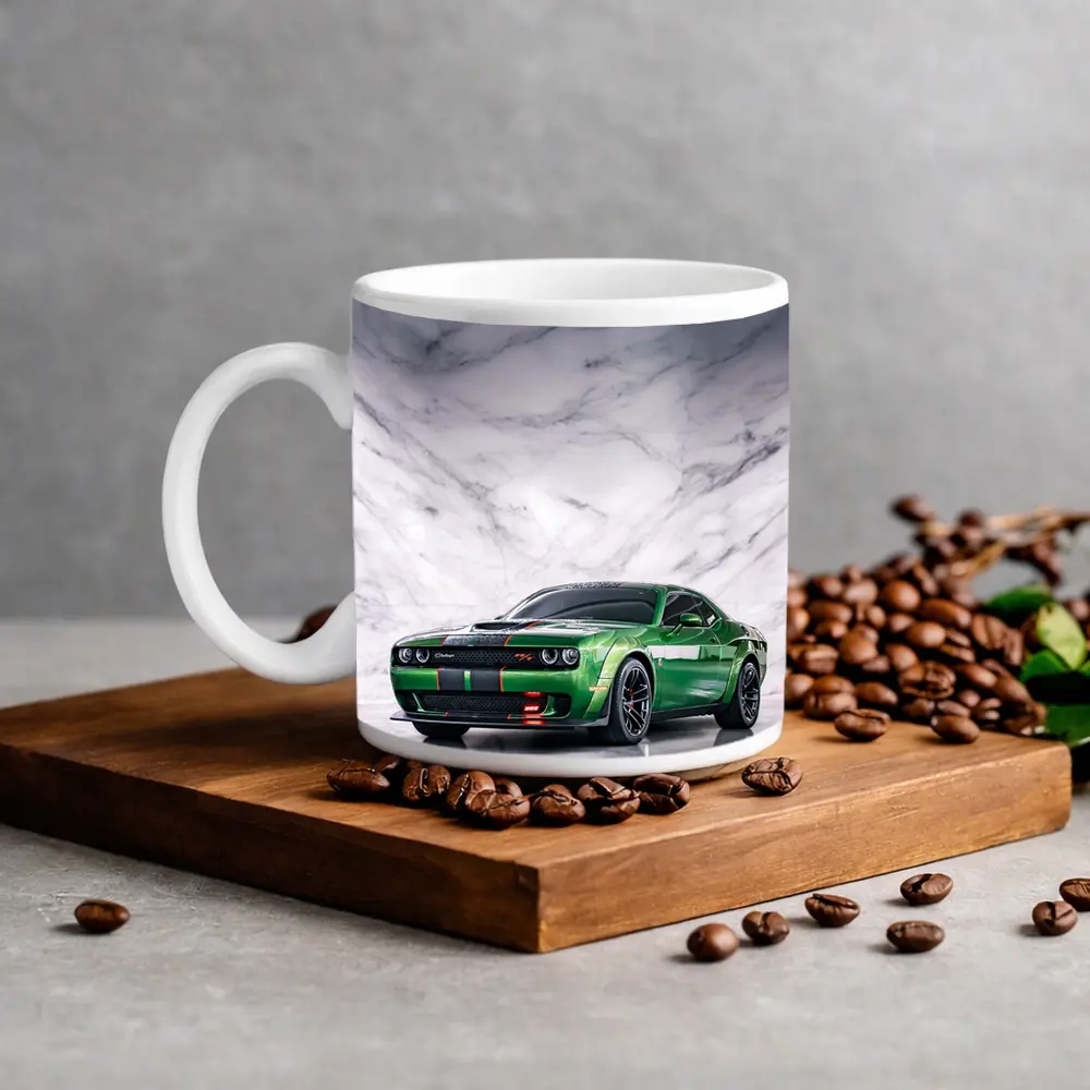 Dodge Challenger Green on Marble Background – Mugs