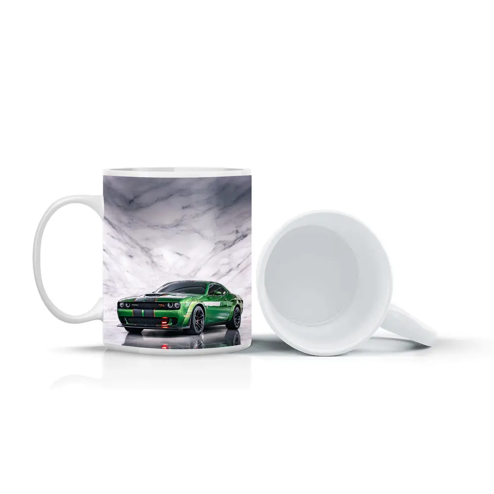 Dodge Challenger Green on Marble Background – Mugs