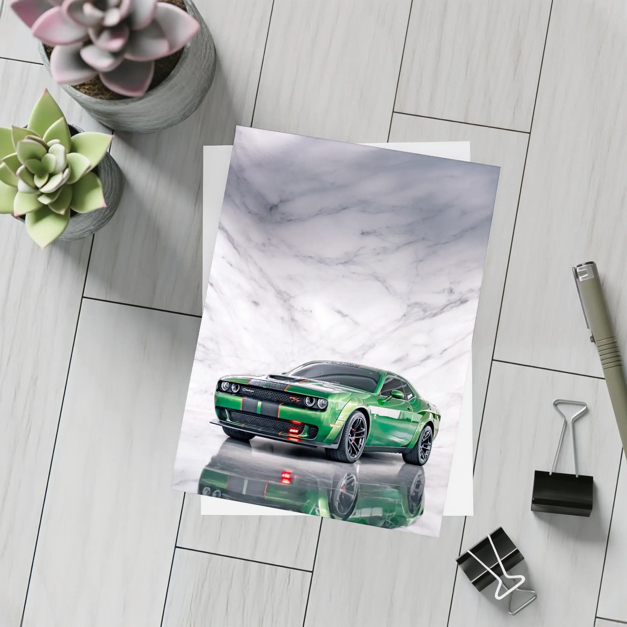Dodge Challenger Green on Marble Background – Postcards