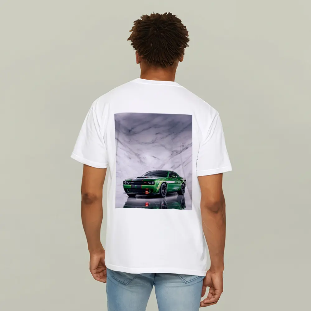 Dodge Challenger Green on Marble Background – T-Shirts